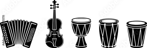 Black and White Folk Music Instrument Vector Set – Accordion, Violin, Djembe, Rope-Tuned Drum, Tubano – Ethnic Percussion Silhouettes Collection