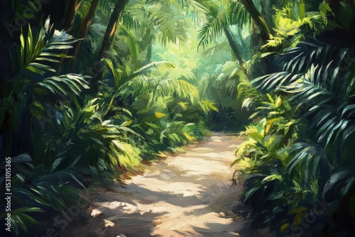 Lush jungle path through dense foliage.