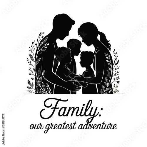 Family silhouette with floral details represents love and togetherness in a harmonious home environment