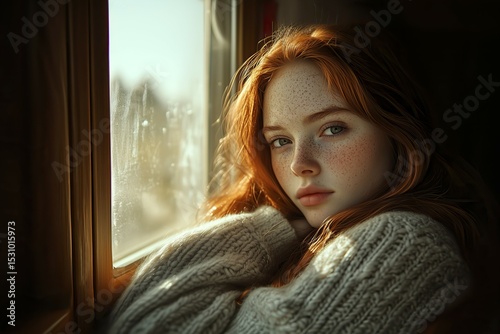 a portrait of a young woman with long red hair and freckles, wearing a light gray knit sweater. She is looking directly at the viewer with a neutral expression. The lighting is soft and natural