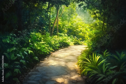 Sunlight filters through lush greenery on a stone pathway.