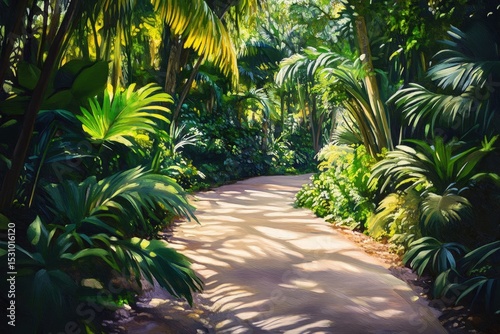 Lush jungle path under sunlight.