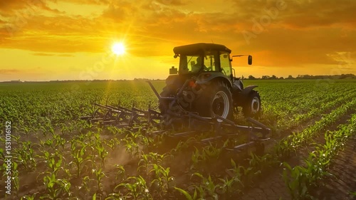 Tractor cultivating in a corn field at sunset, slow motion. Interrow cultivator in corn field for mechanical weed control between the plant rows. Spring day landscape, rural scene