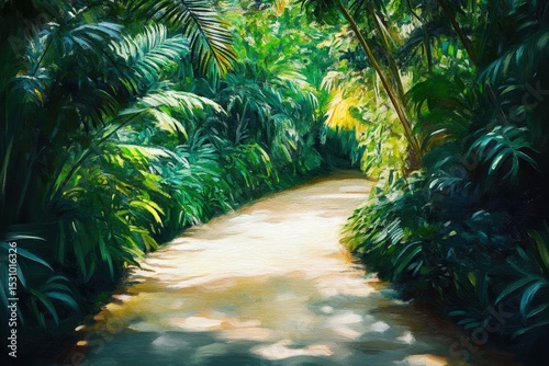 Sunlight filters through a lush tropical pathway.