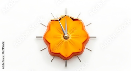 Persimmon-shaped clock with silver hands and hour markers on a white background