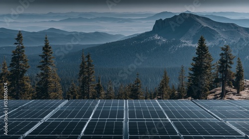 Solar panels reflect sunlight, demonstrating eco-friendly technology surrounded by greenery, emphasizing sustainability and innovative energy solutions