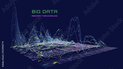 Abstract analytical background with graph of color lines connecting color circles data analyze  in dark cyberspace. Quantum cryptography concept.  Banner for business, science and technology. 