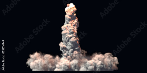 Takeoff on start spaceship smoke cloud. Smoke and fire from launch rocket. Realistic vector illustration from stipple points.