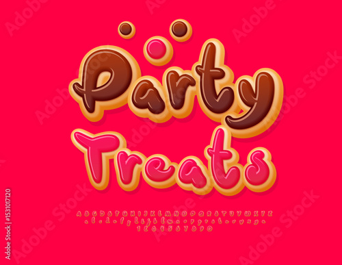 Vector Delicious poster Party Treats. Tasty Donut Font. Sweet Cake Alphabet Letters and Numbers set.