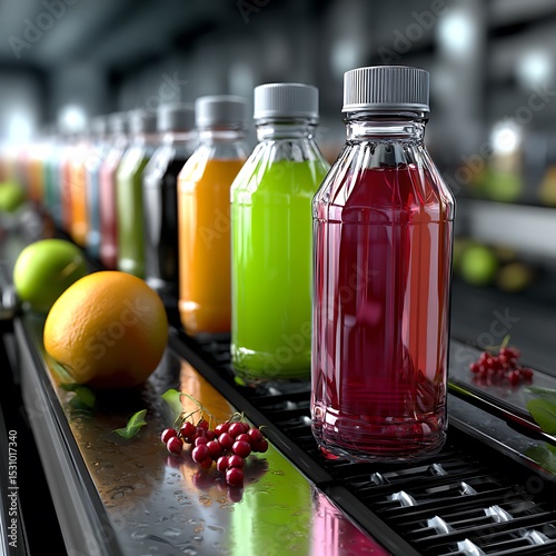 Array of Colorful Fruit Juice Bottles on Conveyor Belt in Factory Setting