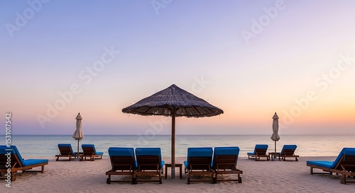 Serene Sunset Beach Scene with Thatched Umbrella and Blue Loungers