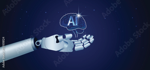 robot hand with glowing artificial brain vector poster