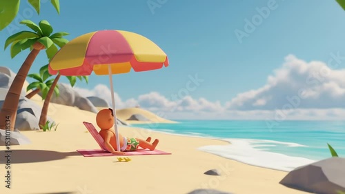 Cartoon person relaxing on a beach under an umbrella on a sunny day