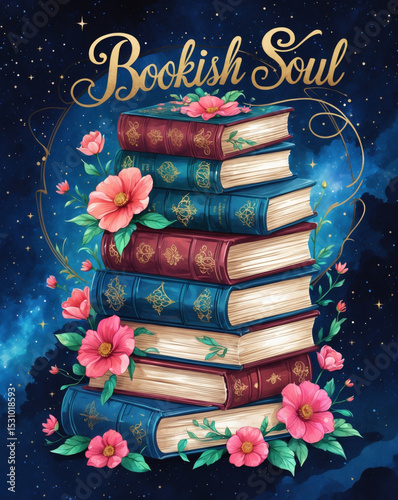 Captivating stack of vintage books surrounded by blossoms under a starry sky, celebrating the love for reading and imagination