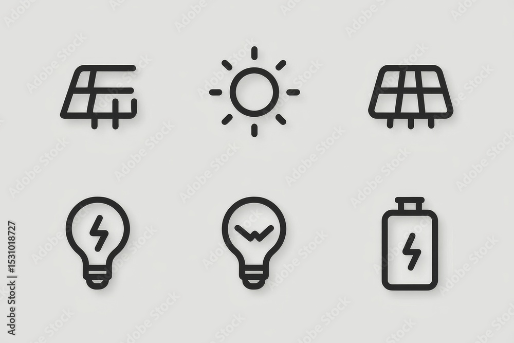 Solar energy components are represented by a set of line-style web icons highlighting sustainable and renewable energy options Solar energy components are represented by a set of line-style web icons highlighting sustainable and renewable energy options