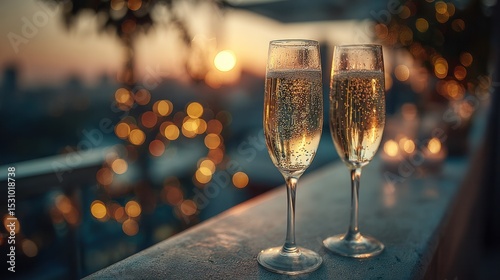 Golden hour toast on city rooftop, champagne glows under soft lights