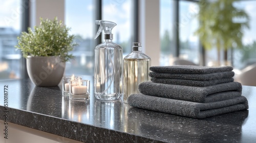 Neatly arranged cleaning supplies on a sleek black countertop, embodying minimalist home care elegance.