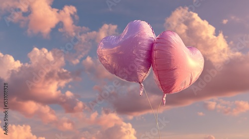 Heart-shaped balloons floating in pastel sky, symbol of tender love