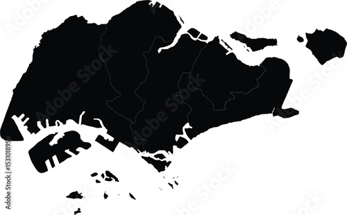 vector map silhouette of singapore with regional divisions, black isolated city-state shape on white background


