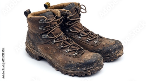 Dirty hiking boots on white background