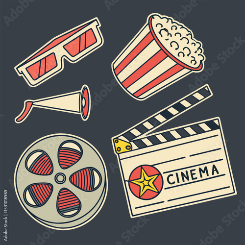 Movie Night Essentials Popcorn, 3D Glasses, Clapperboard, and Film Reel