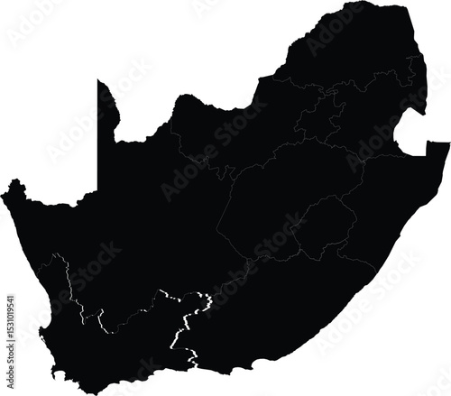 vector map silhouette of south africa with provincial borders, black isolated shape on white background

