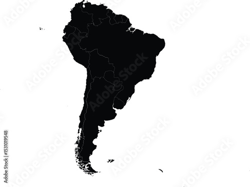 vector map silhouette of south america with country borders, black isolated shape on white background


