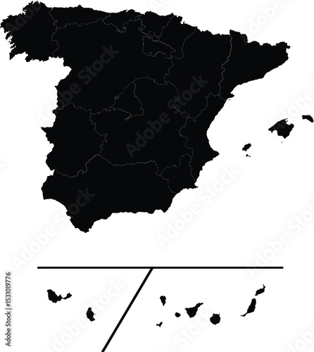 black silhouette map of spain with outlined regions and islands, geographic illustration