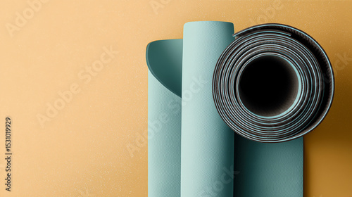  Flat design of yoga mat rolled out on clean background, top-down view with large negative space.
