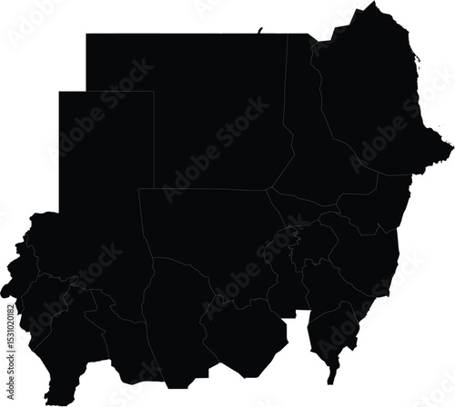 black silhouette map of sudan with outlined regions, geographic illustration