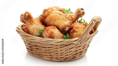 Crispy fried chicken drumsticks in a basket