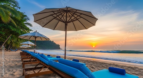 Tropical beach sunrise with lounge chairs and umbrellas in a serene setting