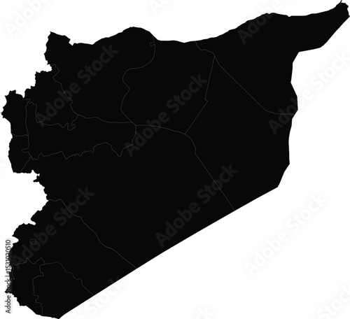 Title: black silhouette map of syria with outlined regions, geographic illustration