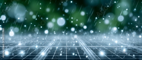 Green foliage surrounds solar panels as rain droplets cover them, implying a natural cleaning effect