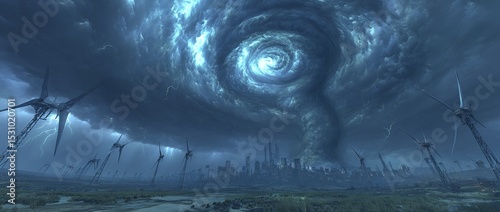 Supercell overshadows the landscape situated behind windmills, highlighting the intense force of nature