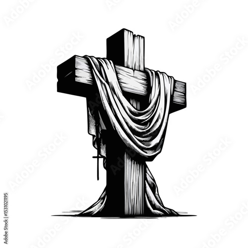 wooden cross draped with cloth simple minimalis modern engraving style black and white