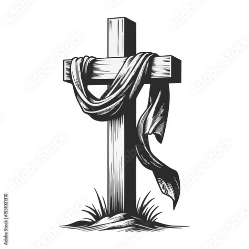 wooden cross draped with cloth simple minimalis modern engraving style black and white