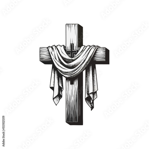 wooden cross draped with cloth simple minimalis modern engraving style black and white