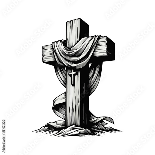 wooden cross draped with cloth simple minimalis modern engraving style black and white