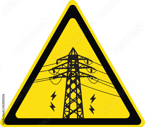 warning sign for high voltage electrical power lines with danger symbol, industrial safety alert