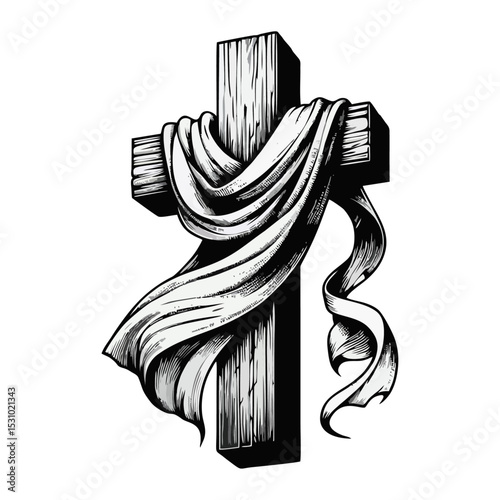 wooden cross draped with cloth simple minimalis modern engraving style black and white
