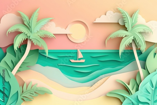 Colorful paper cut out tropical beach scene.