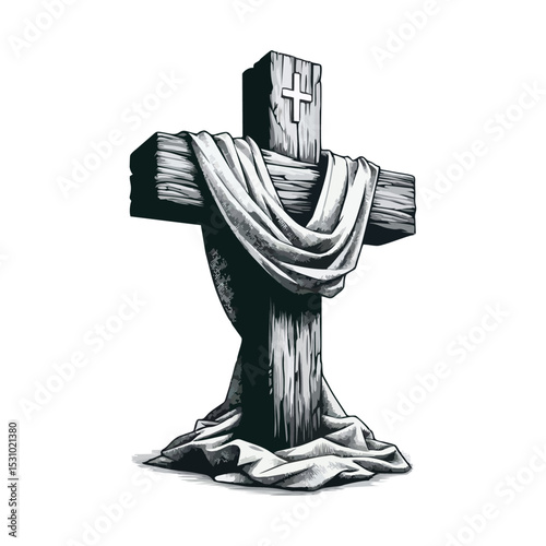 wooden cross draped with cloth simple minimalis modern engraving style black and white
