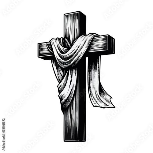 wooden cross draped with cloth simple minimalis modern engraving style black and white