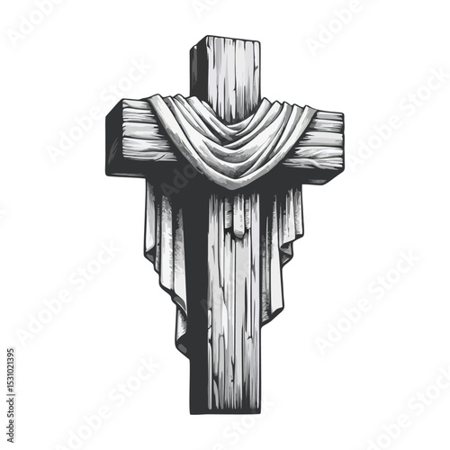 wooden cross draped with cloth simple minimalis modern engraving style black and white