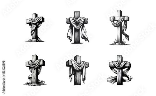 wooden cross draped with cloth simple minimalis modern engraving style black and white