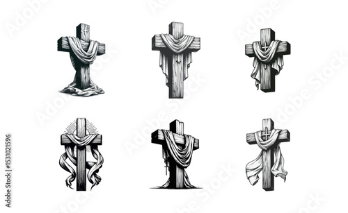 wooden cross draped with cloth simple minimalis modern engraving style black and white