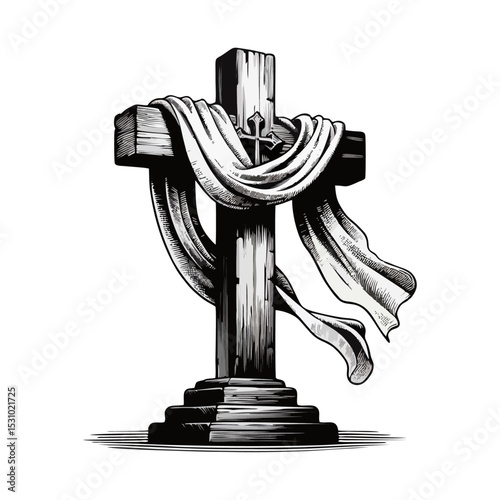 wooden cross draped with cloth simple minimalis modern engraving style black and white