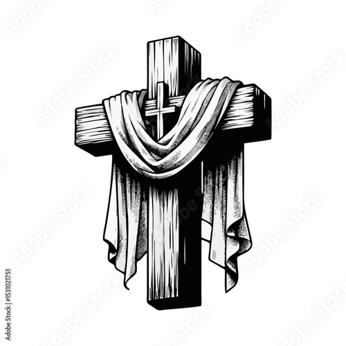 wooden cross draped with cloth simple minimalis modern engraving style black and white