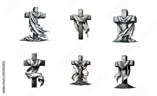wooden cross draped with cloth simple minimalis modern engraving style black and white